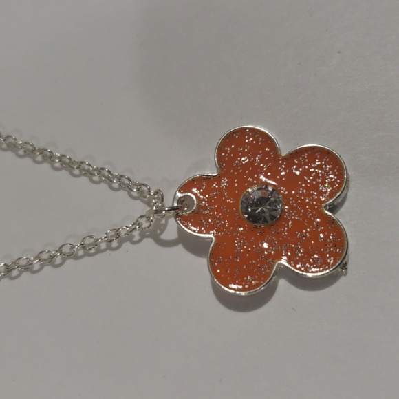 Silver-Tone Chain Flower Pendant Necklace – Glitter Enamel & Crystal Center - Picture 5 of 8